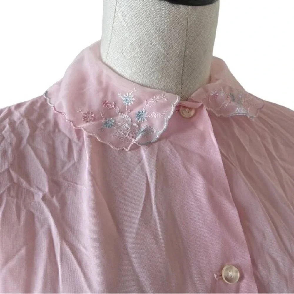 Vintage 60s Blouse Sleep Shirt Blush Pink Nylon Semi Sheer Top Floral Hems Sz 36 - Picture 4 of 11